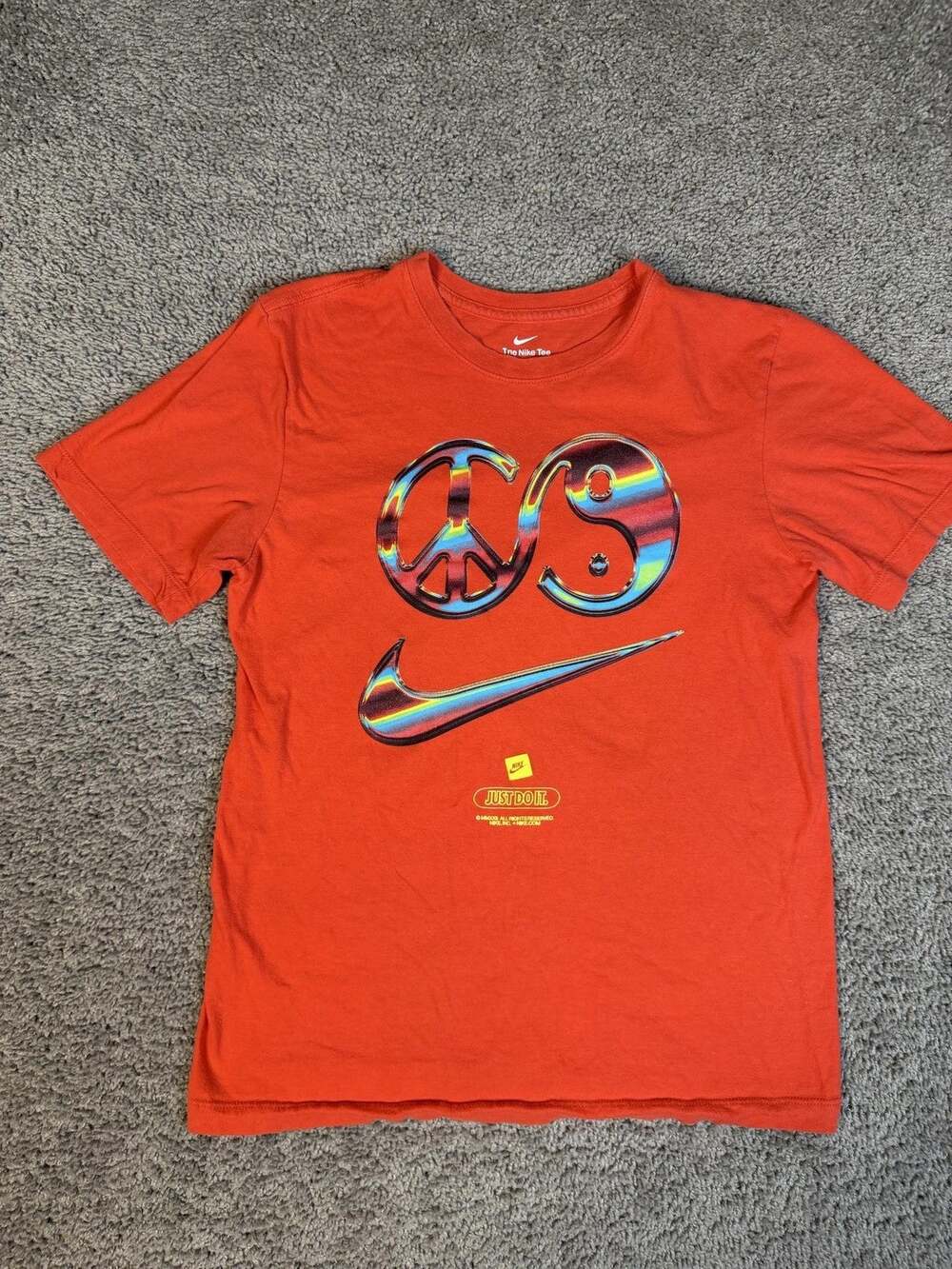 Nike Shirt Mens S Orange Peace Swoosh Graphic Crew Neck Cotton Tagless